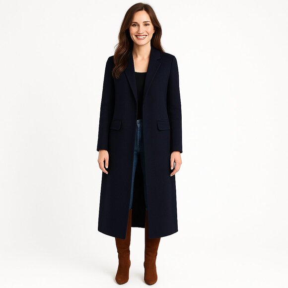 ZARA Navy Blue M Wool Blend Maxi Coat Longline Overcoat Classic - Picture 1 of 14